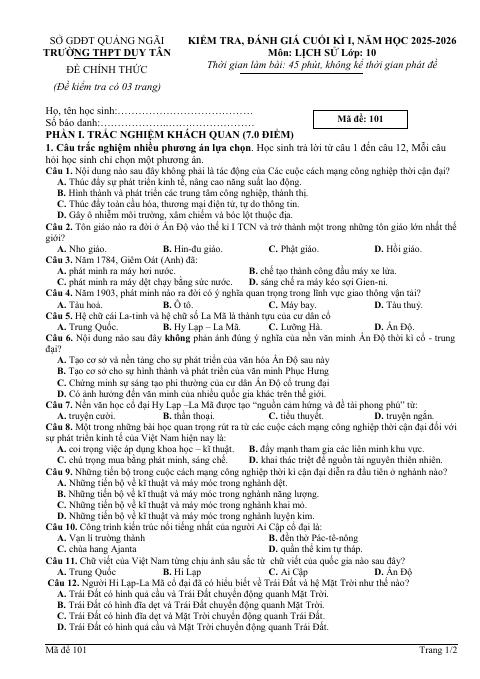 Đề thi Học kì 1 Lịch sử 10 năm 2025-2026 trường THPT Duy Tân (Quảng Ngãi)